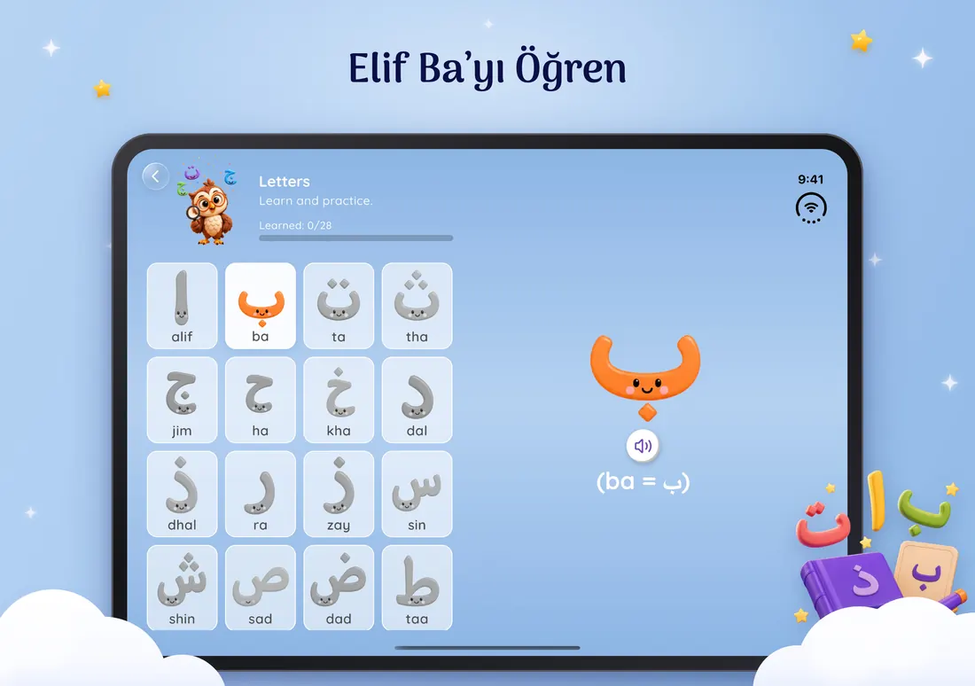 Çocuklar için Kuran'da Arapça harfler ekranı
